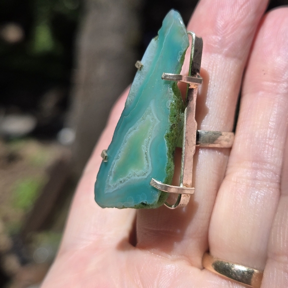 Sterling green agate crystal slice ring sz6.5 - Picture 4 of 10